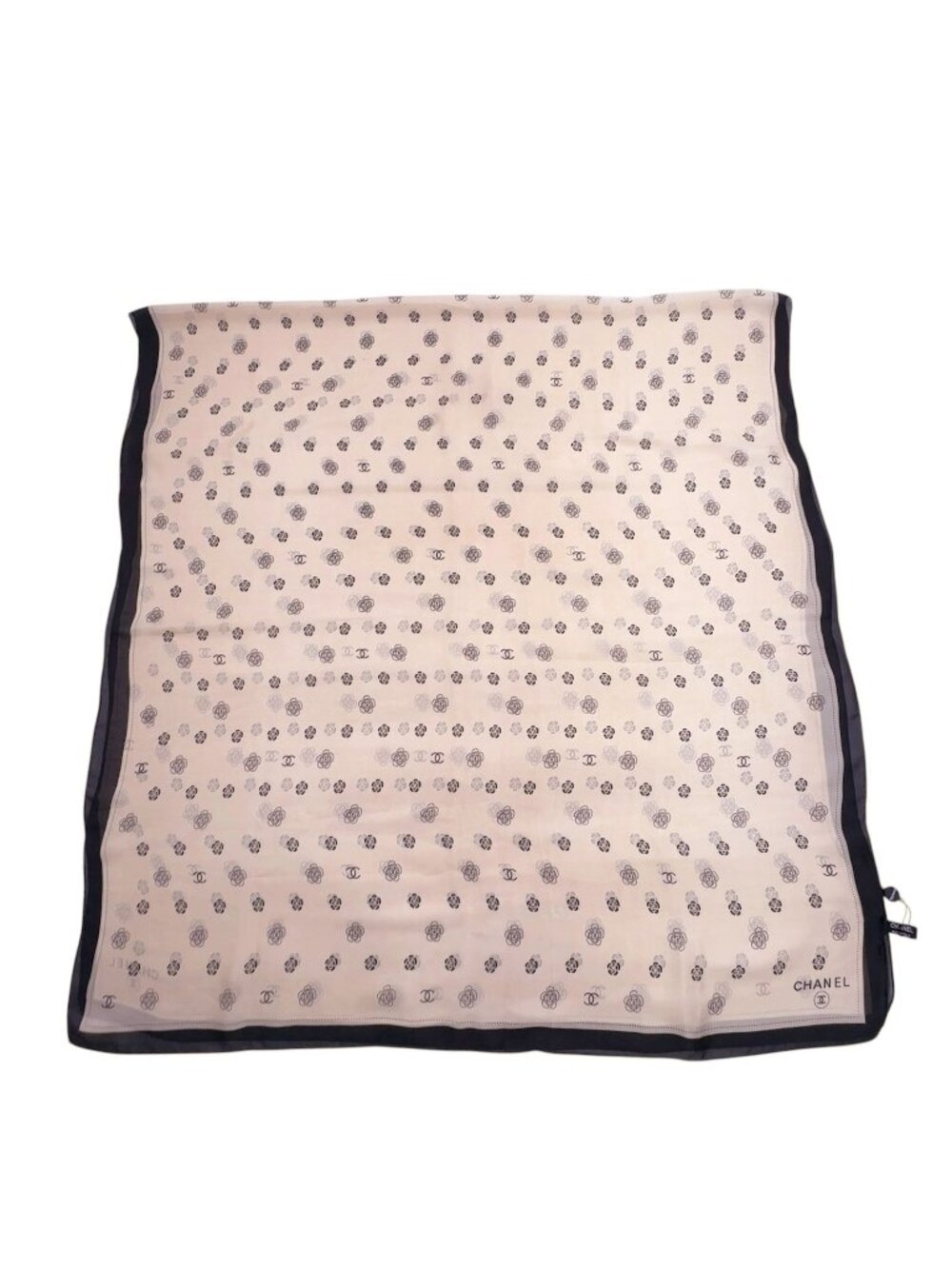 Chanel CC Logo Camellia Silk Black Beige Scarf